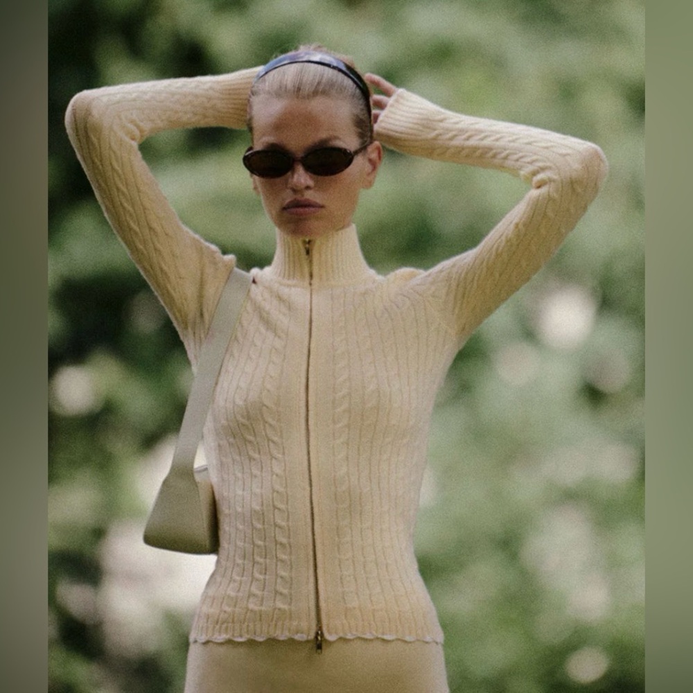 Frankie's Bikinis Cream Cable-Knit Zip Cardigan and matching pant